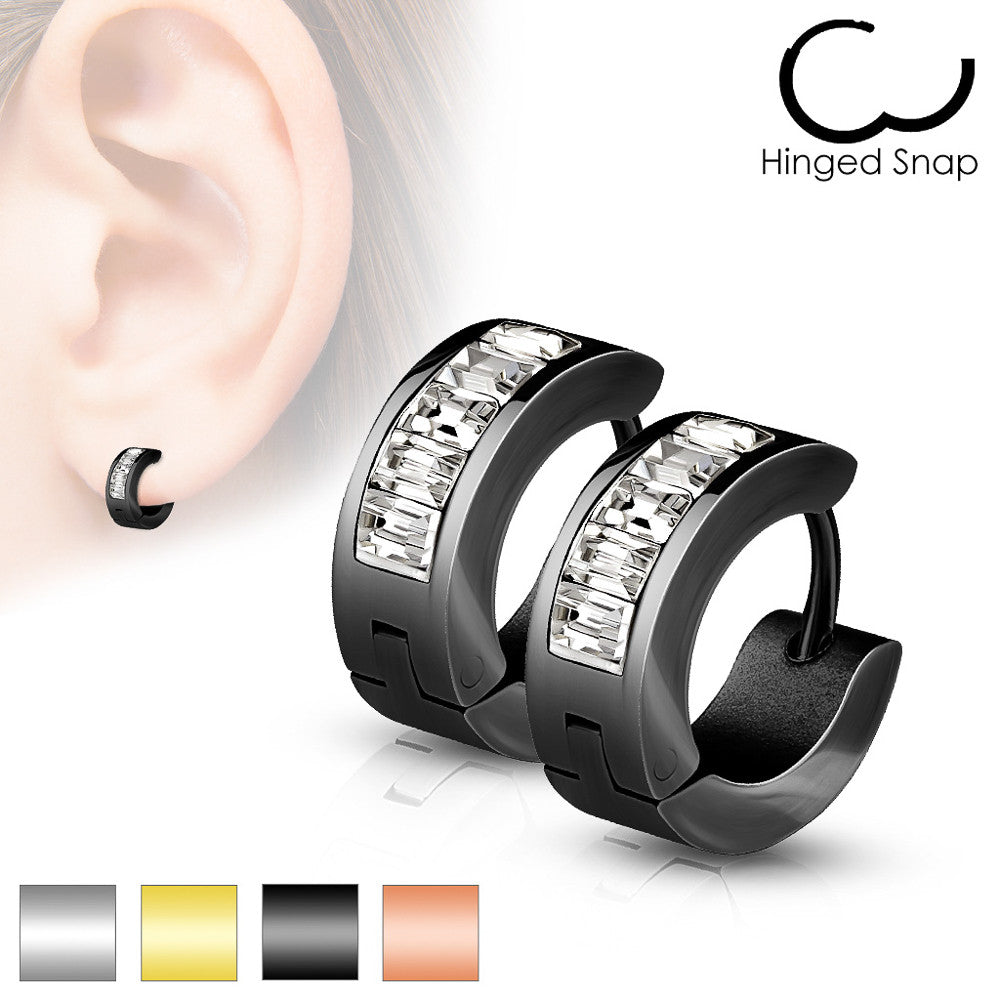 MJ-SE7078 Pair of Lined Square Gems Set Front Stainless Steel Hoop/Huggie Earrings